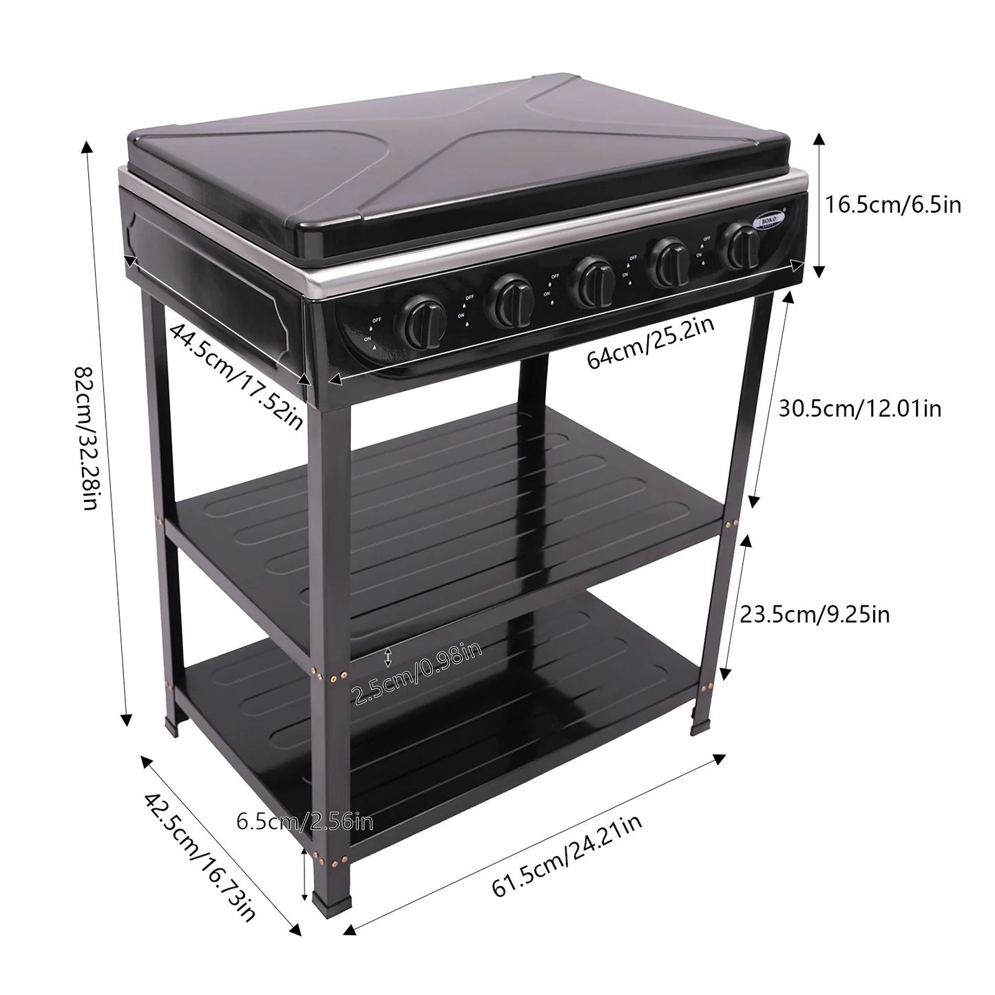 Outdoor Portable Gas Stove Five Burners with Double Storage Rack Wind Shield Manual Ignition Camping Stove for RV Backyard