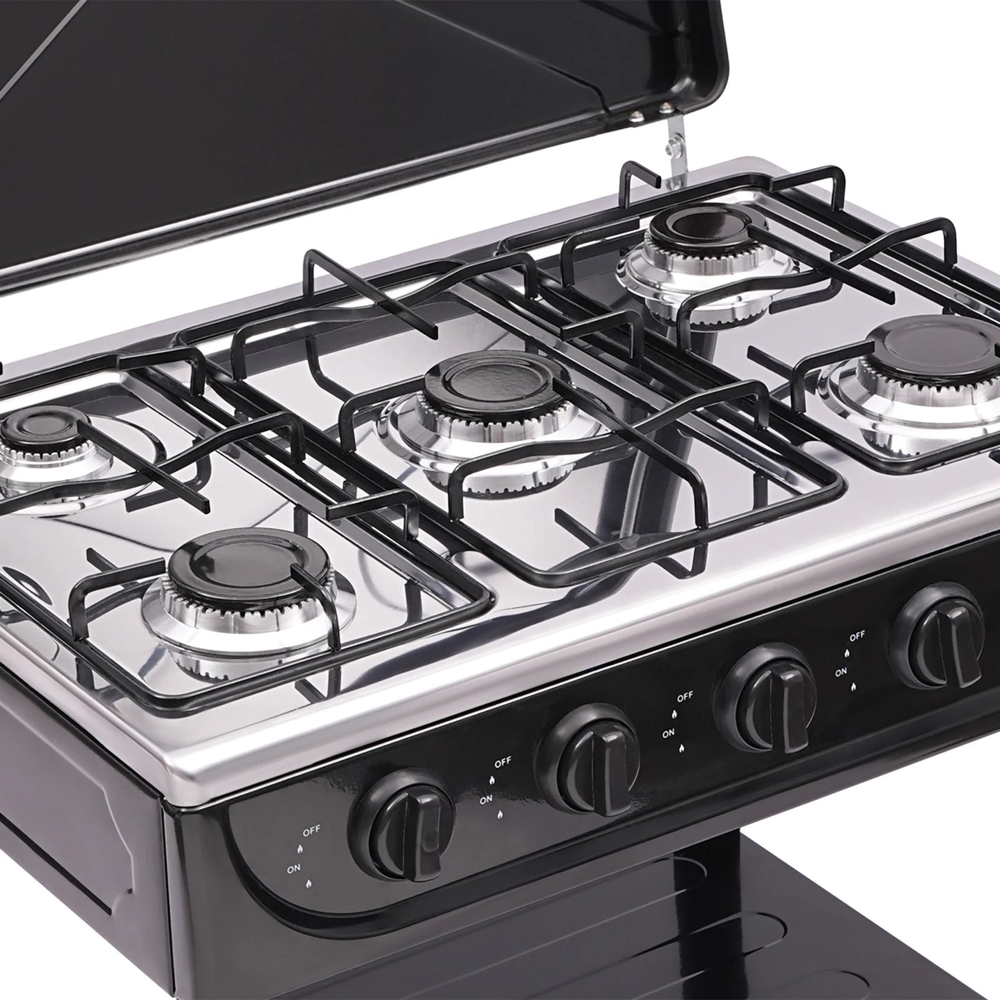 Outdoor Portable Gas Stove Five Burners with Double Storage Rack Wind Shield Manual Ignition Camping Stove for RV Backyard