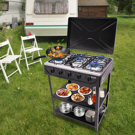 Outdoor Portable Gas Stove Five Burners with Double Storage Rack Wind Shield Manual Ignition Camping Stove for RV Backyard